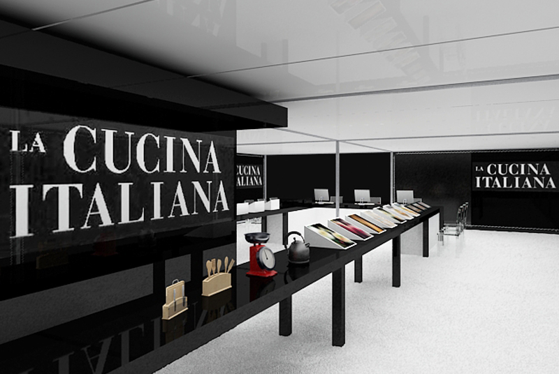 Concept progettuale con percorso espositivo e aree di lettura per anniversario rivista La Cucina Italiana