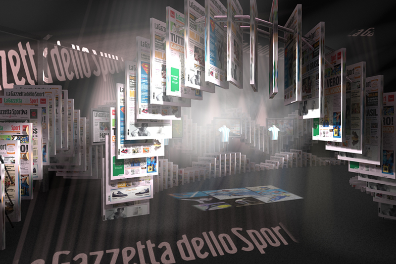Dettaglio del progetto per museo itinerante Gazzetta dello Sport con riproduzioni copie Gazzetta che riprendono rotativa