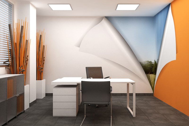 Progetto per l'ufficio Solsonica con scrivania e parete decorata