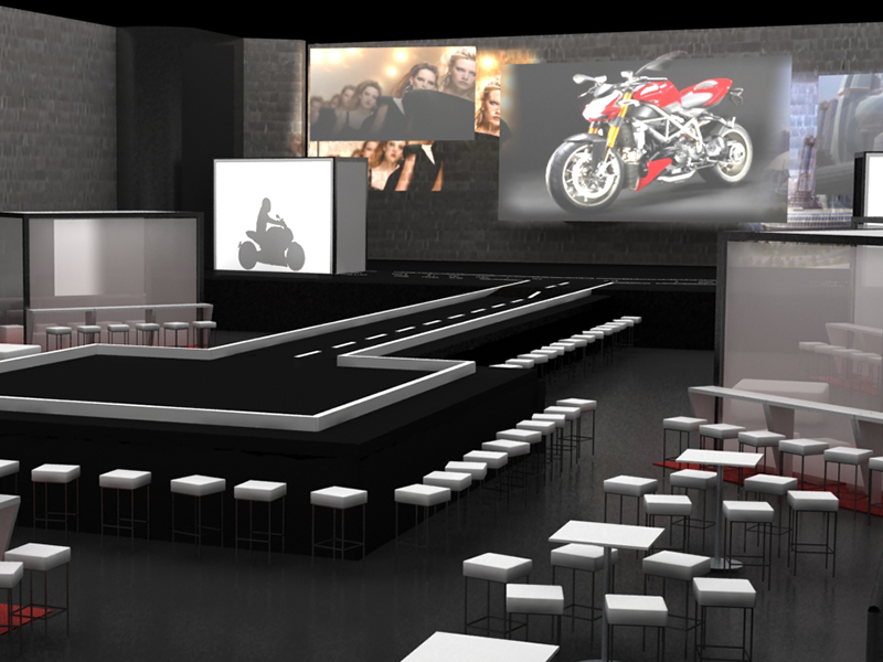 Render con schermi e aree per il pubblico per concept dell'evento di presentazione nuova Ducati