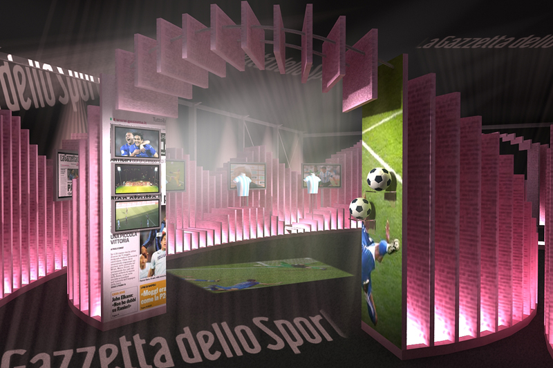 Dettaglio struttura espositiva con monitor e ripiani per cimeli sportivi per museo itinerante Gazzetta dello Sport
