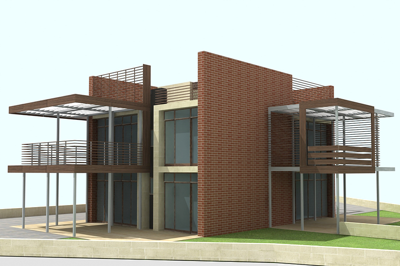 Dettaglio del progetto di realizzazione di villa bifamiliare con diversi livelli e volumi