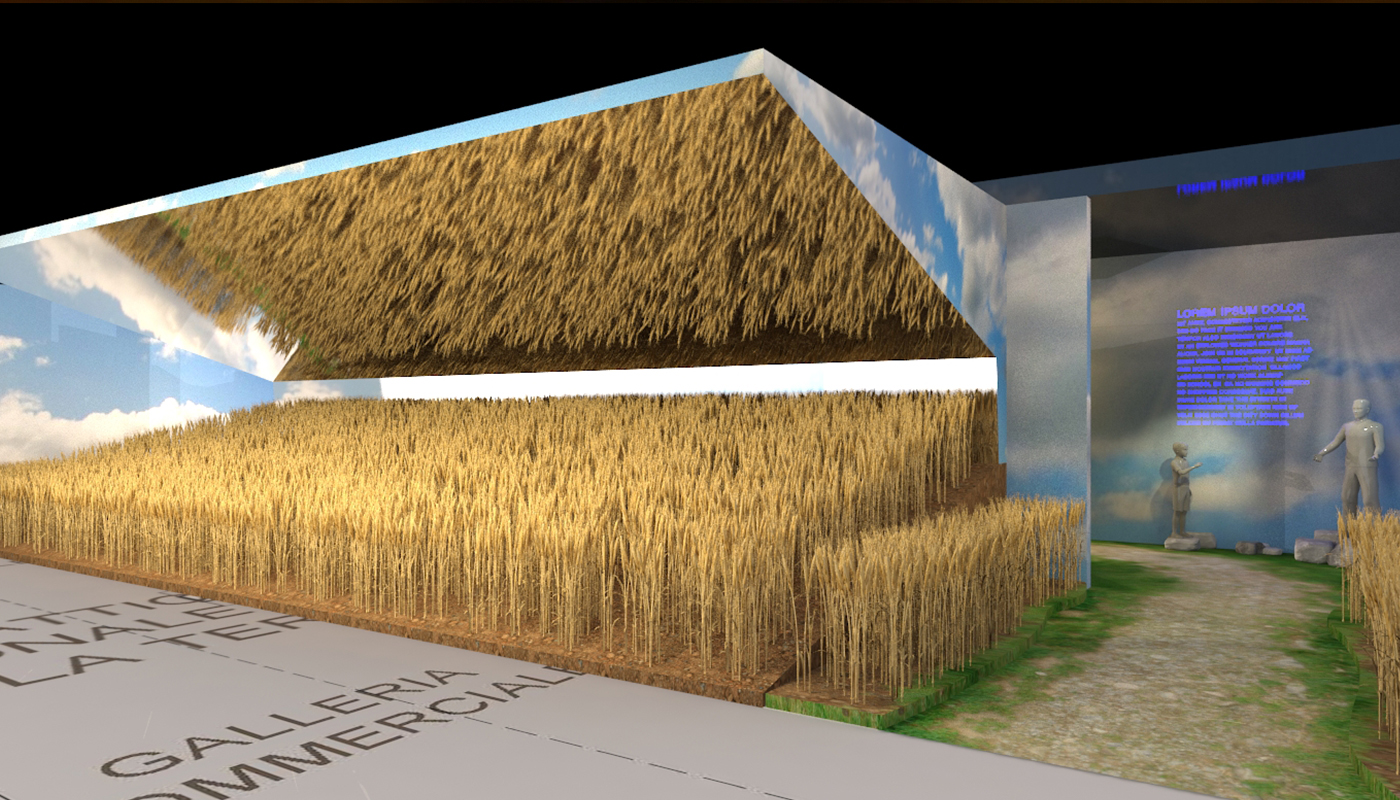 Scenografia con soffitto a specchio e proiezioni per area didattica sull'agricoltura Fi.Co Eataly World
