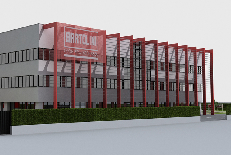 Visione del progetto della facciata della sede di Bartolini con strutture metalliche rosso