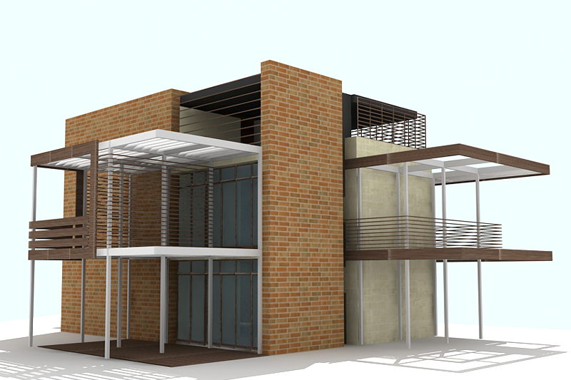 Visione di fronte di progetto facciata con ampie vetrate per villa bifamiliare