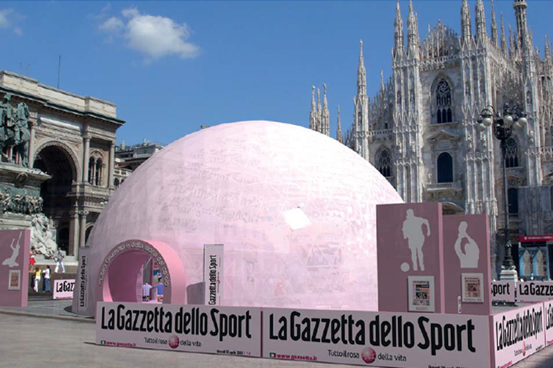 Visione di cupola e strutture esterne per museo itinerante Gazzetta dello Sport