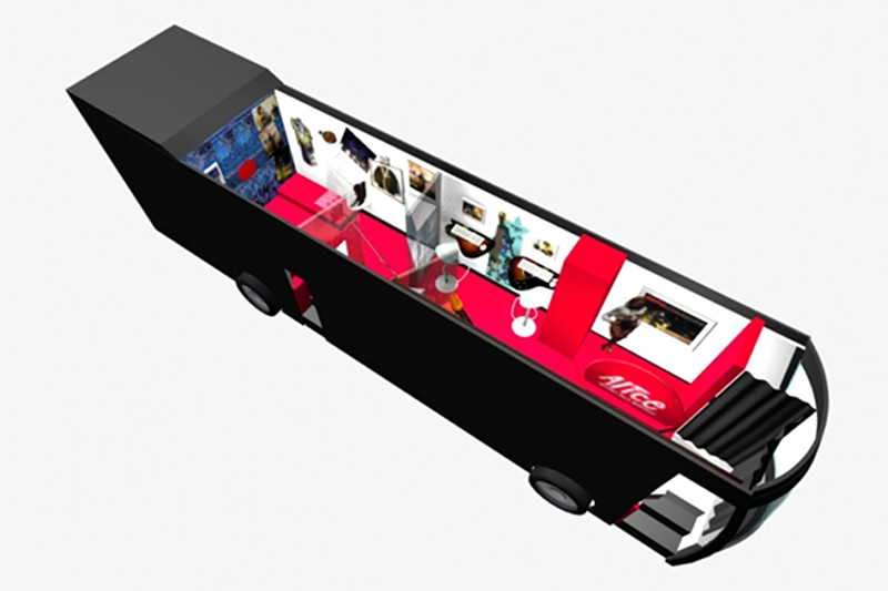Progetto dell'allestimento completo del bus per il roadshow Alice Telecom