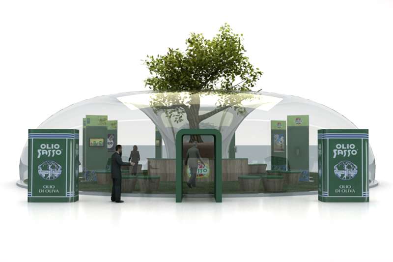 Concept progettuale struttura itinerante Olio Sasso con cupola trasparente e Ulivo