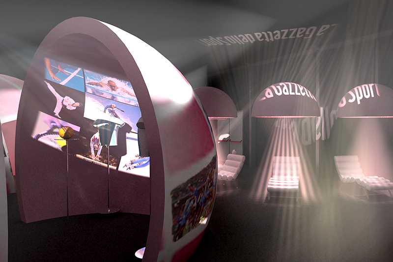 Visione dell'interno della tenda cupola per concept museo itinerante per Gazzetta dello Sport